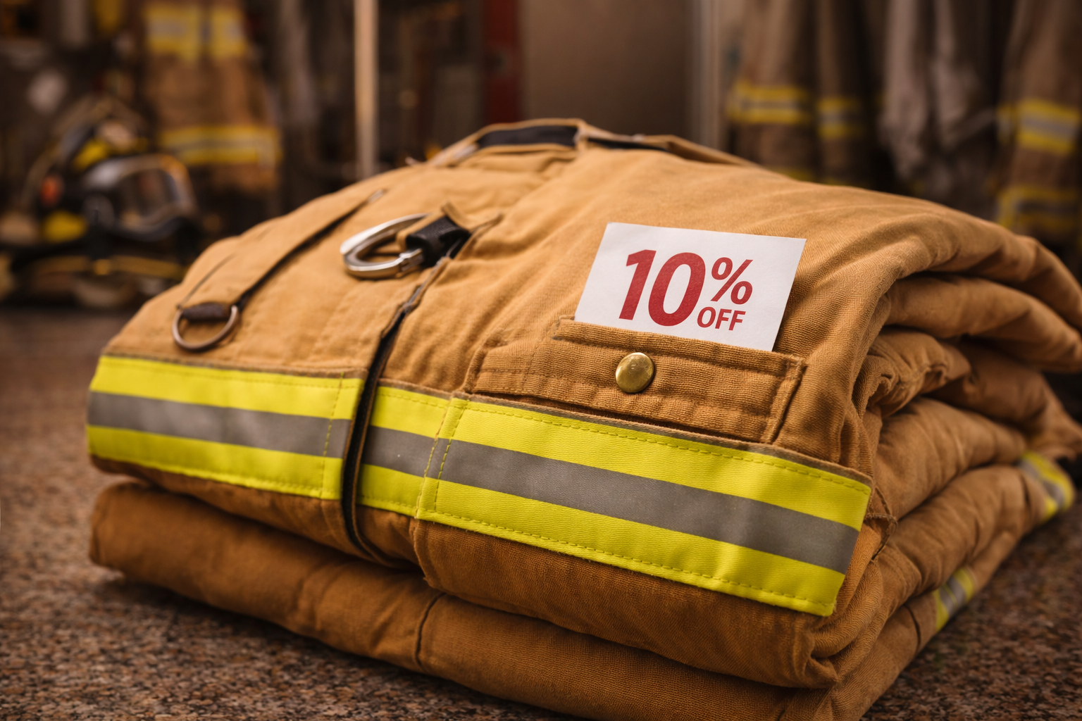 An image of a clean and folded fireman suit with a 10% sticker in the pocket.