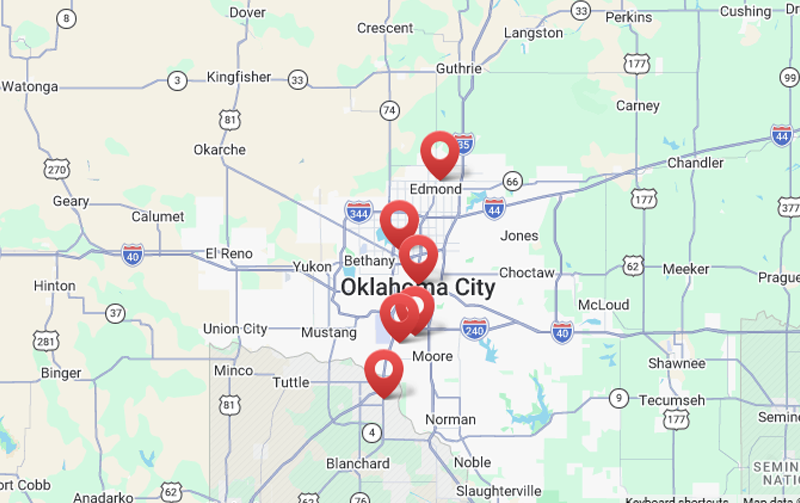 Map of OKC Scott Dry Cleaner's locations.