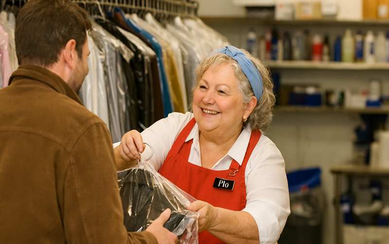 AI generated woman handing dry cleaning to a man over a counter.