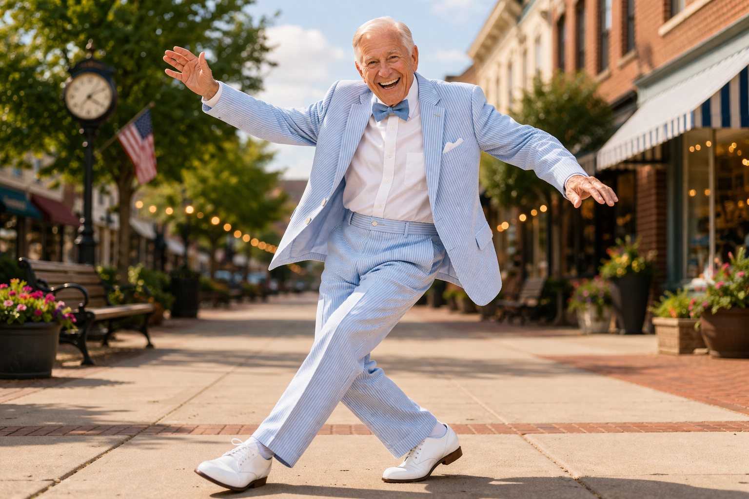 An ai generated image of an elderly man in a blue suit dancing.