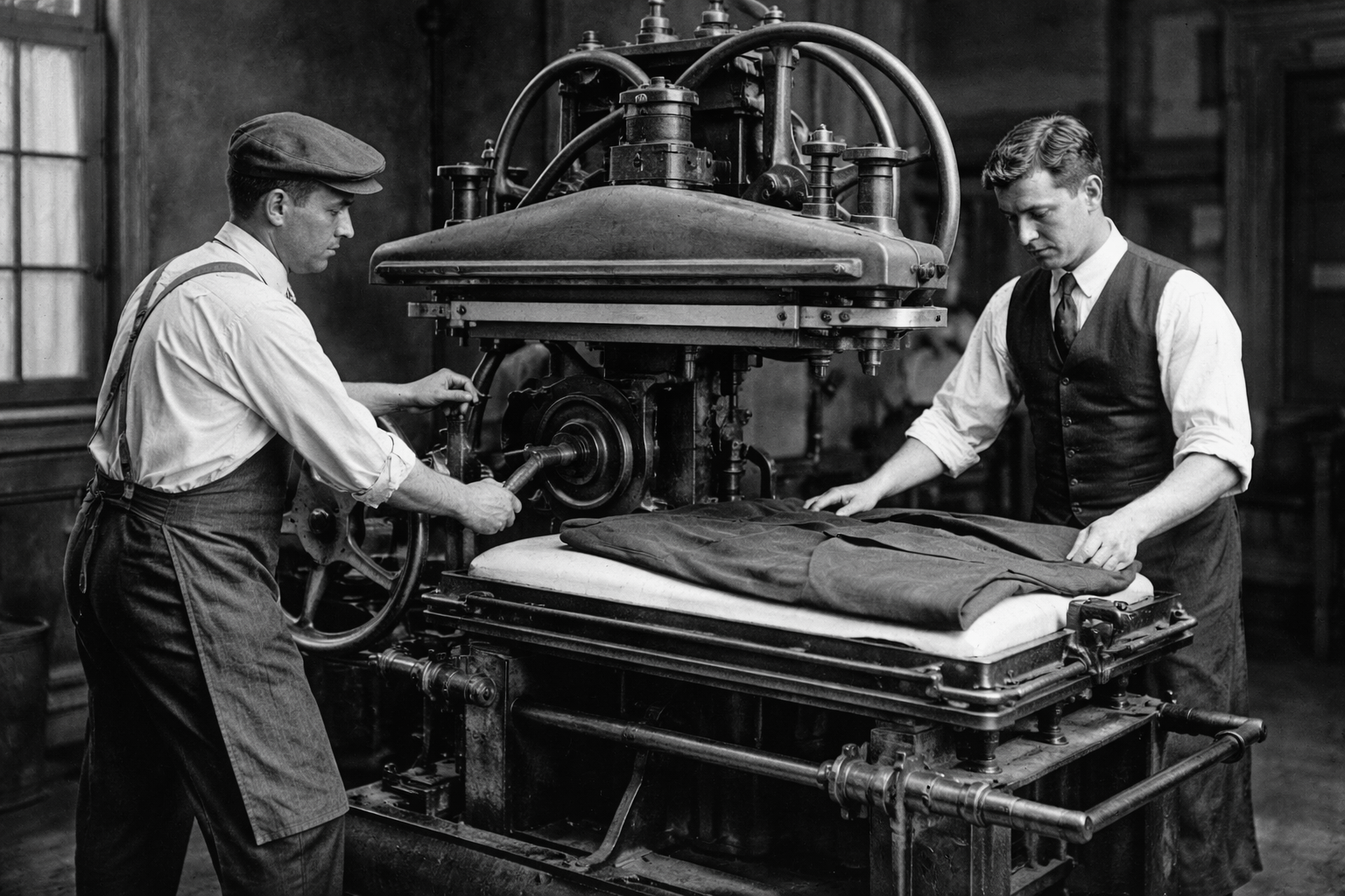 An old black and white photo of a press invention.